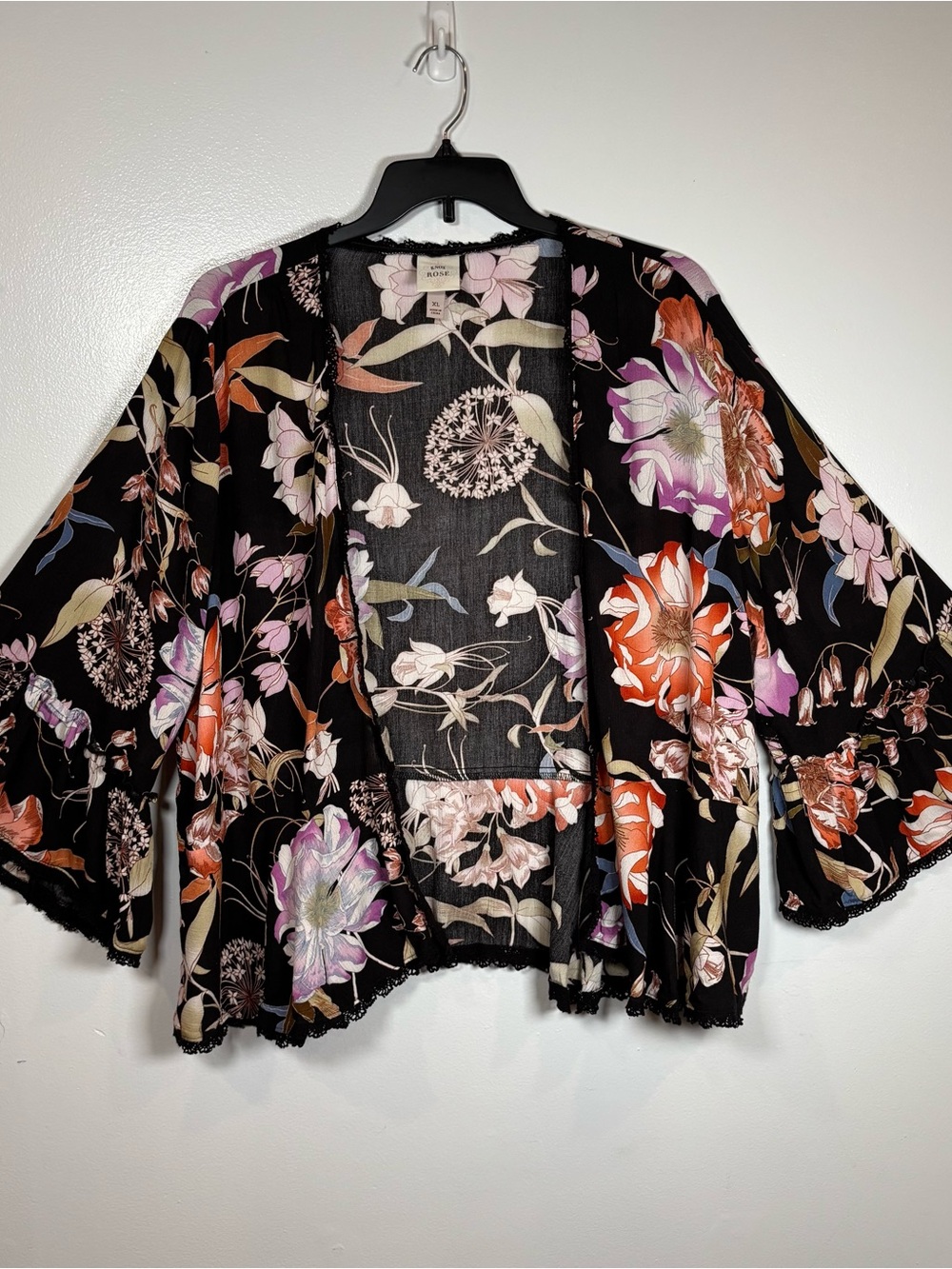 Knox Rose Open Kimono Cardigan Cover Up Sz XL Black Floral Boho 3/4 Bell Sleeve